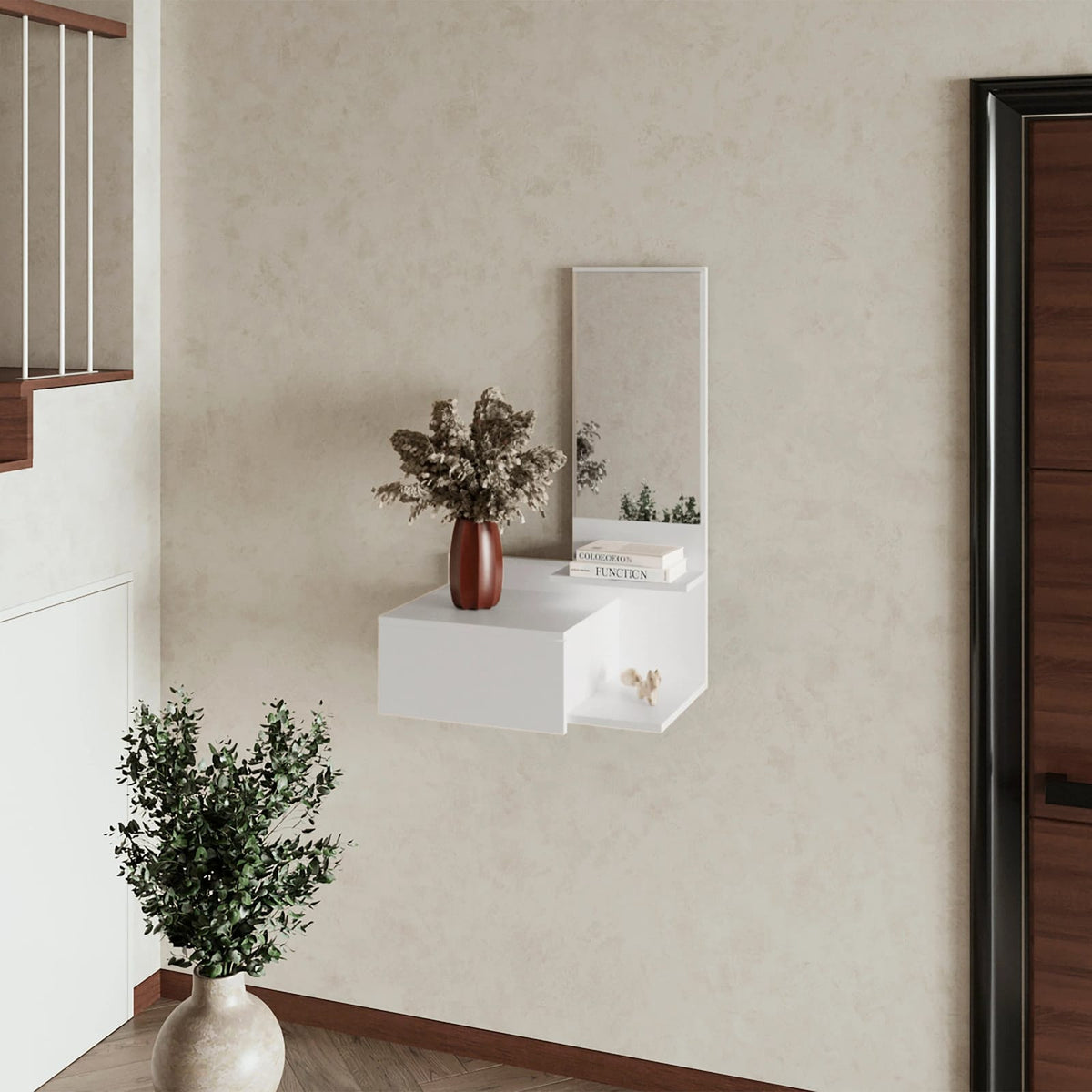 White Floating Vanity with Mirror - Small Bathroom Storage