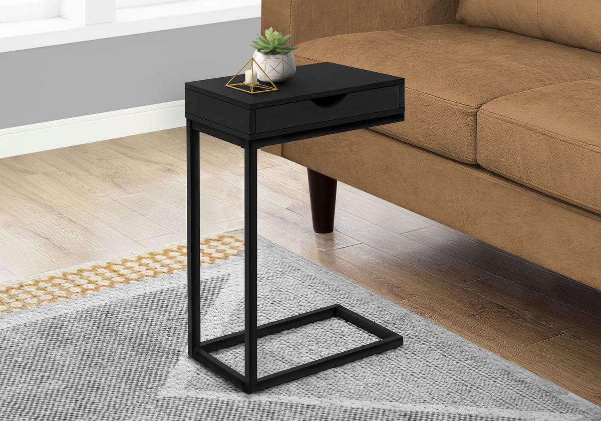 Black Metal C-Shaped Accent Table with Storage Drawer