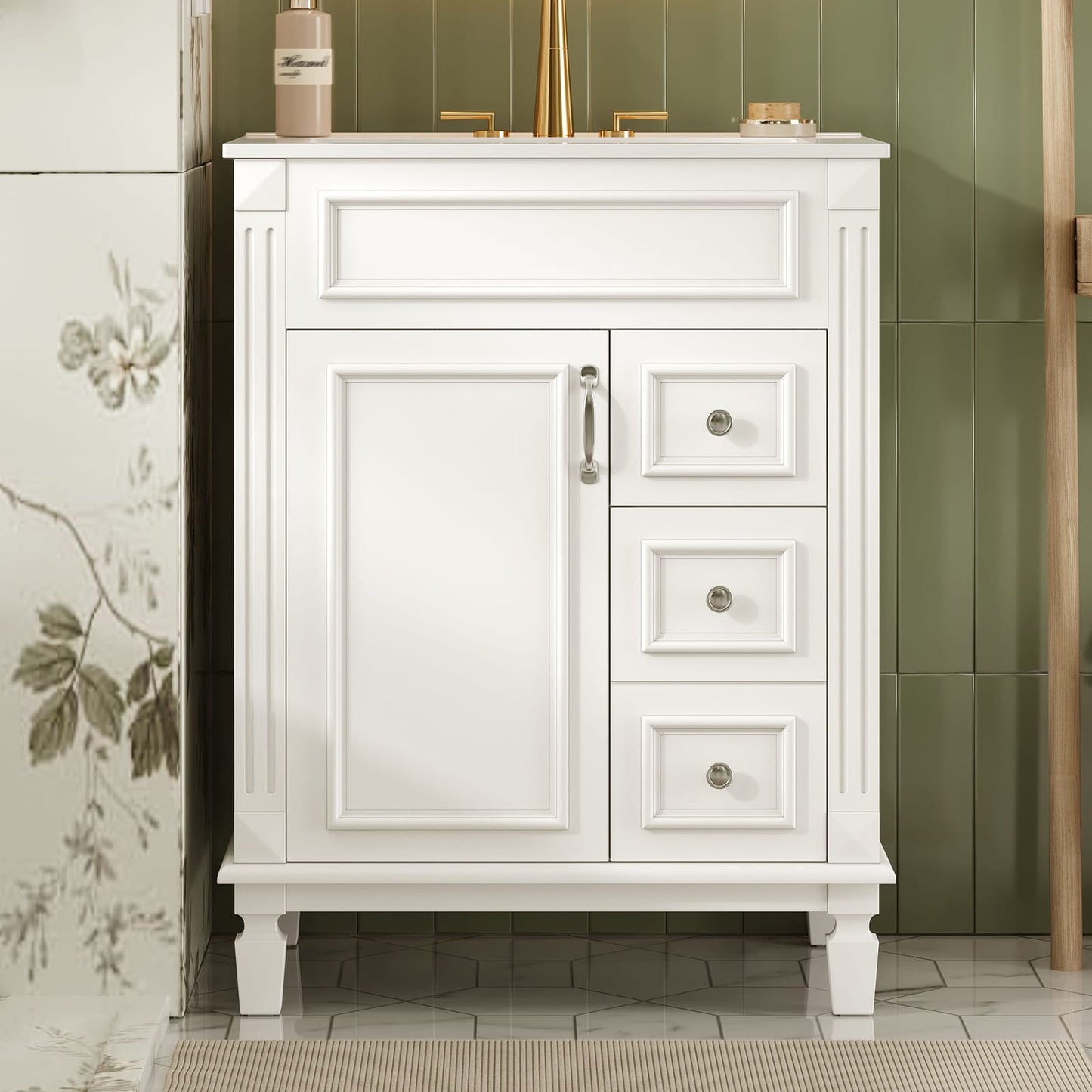 24 Inch White Bathroom Vanity with Ceramic Sink and Two Drawers