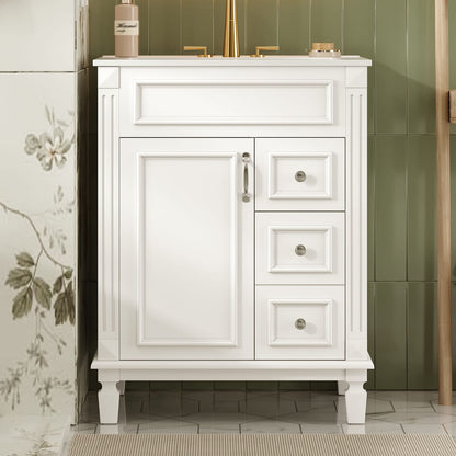 24 Inch White Bathroom Vanity with Ceramic Sink and Two Drawers
