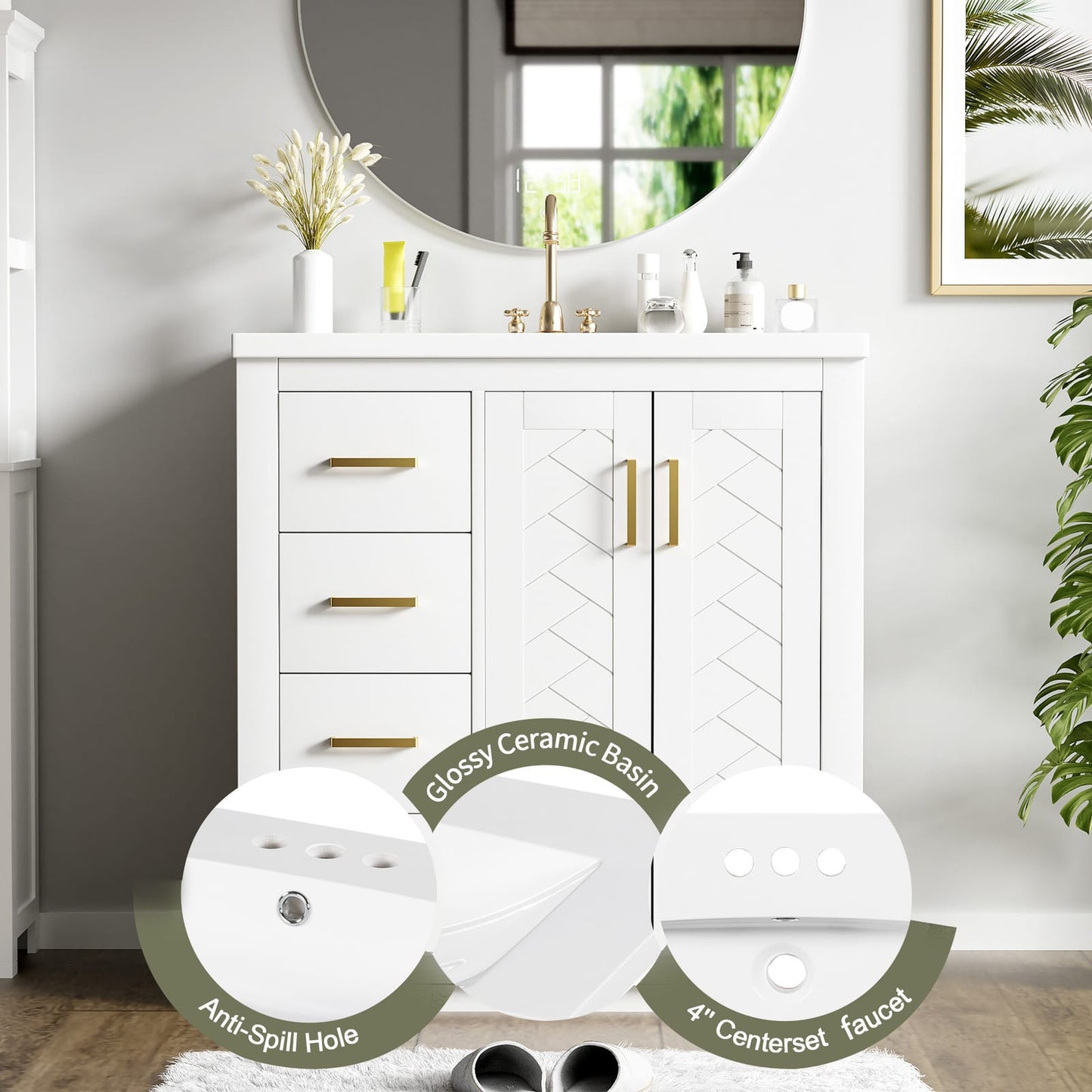 30 Inch White Bathroom Vanity with Ceramic Sink Storage