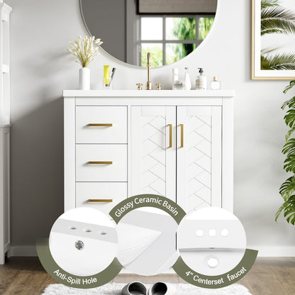 30 Inch White Bathroom Vanity with Ceramic Sink Storage