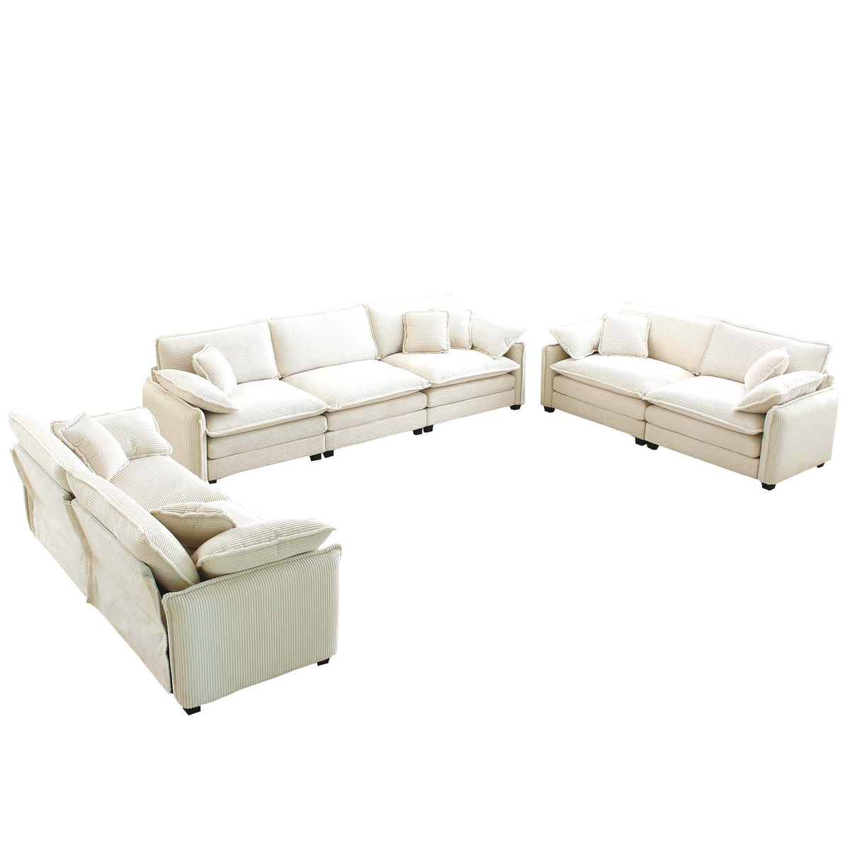 3-Piece Beige Corduroy Sofa Set - Modern Living Room Furniture