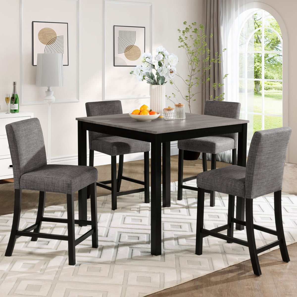 5-Piece Counter Height Dining Table Set - Black & Light Gray