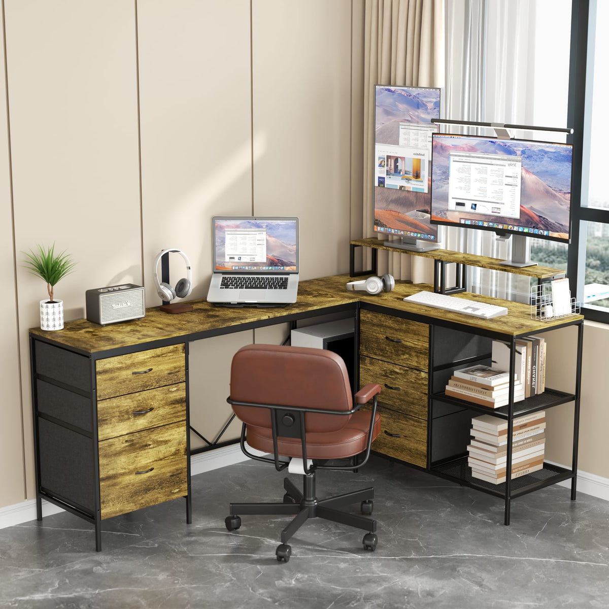 L-Shaped Gaming Desk with Power Hub - 6 Drawers, 114 Inch Brown