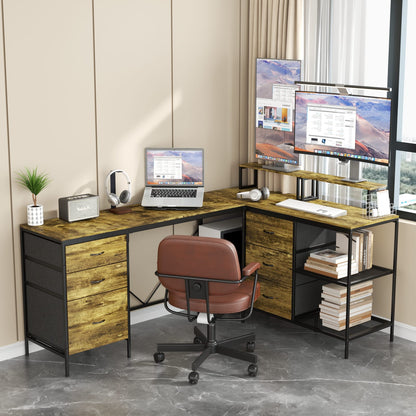 L-Shaped Gaming Desk with Power Hub - 6 Drawers, 114 Inch Brown