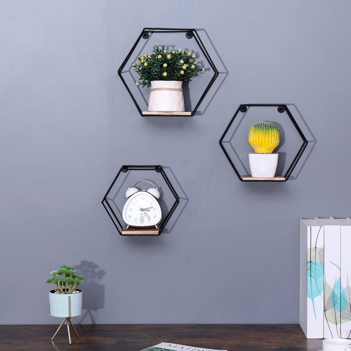 3 Tier Metal & Wood Floating Shelves - Natural Wood for Living Room