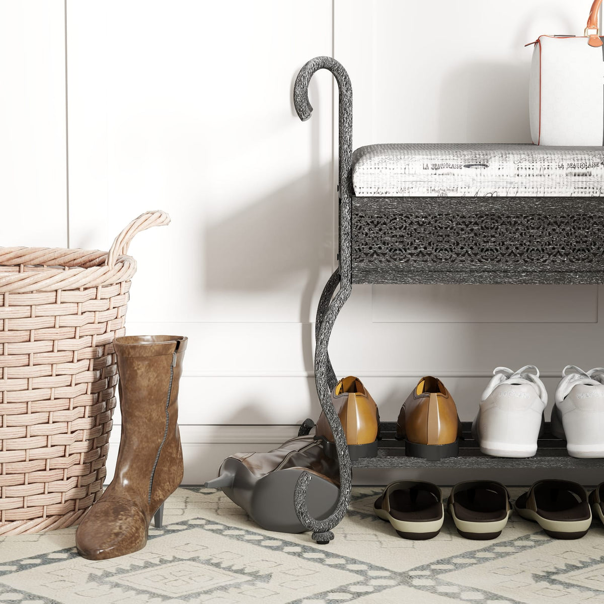 Black and Silver Upholstered Entryway Bench with Shoe Storage for Bedroom