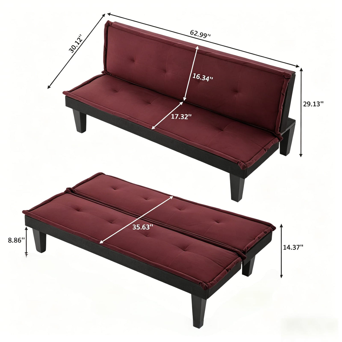 Red Microfiber Convertible Sofa Bed - 2-in-1 Futon for Small Spaces for Living Room