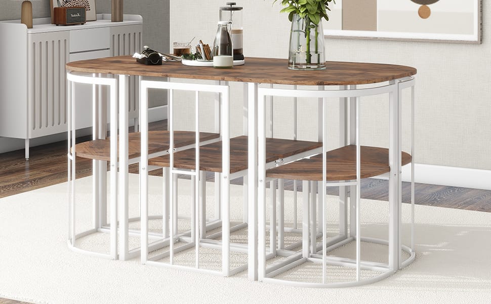 Modern 7-Piece Dining Table Set - White Iron, Seats 6