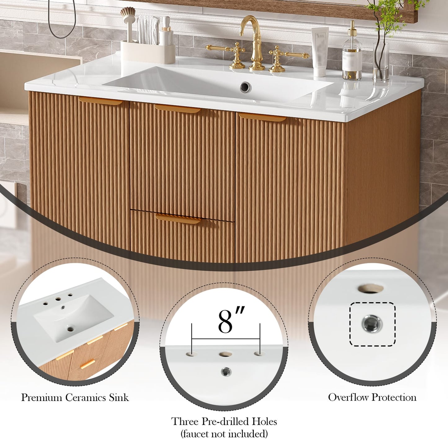 36" Wood MDF Bathroom Vanity - Wall Mounted Storage