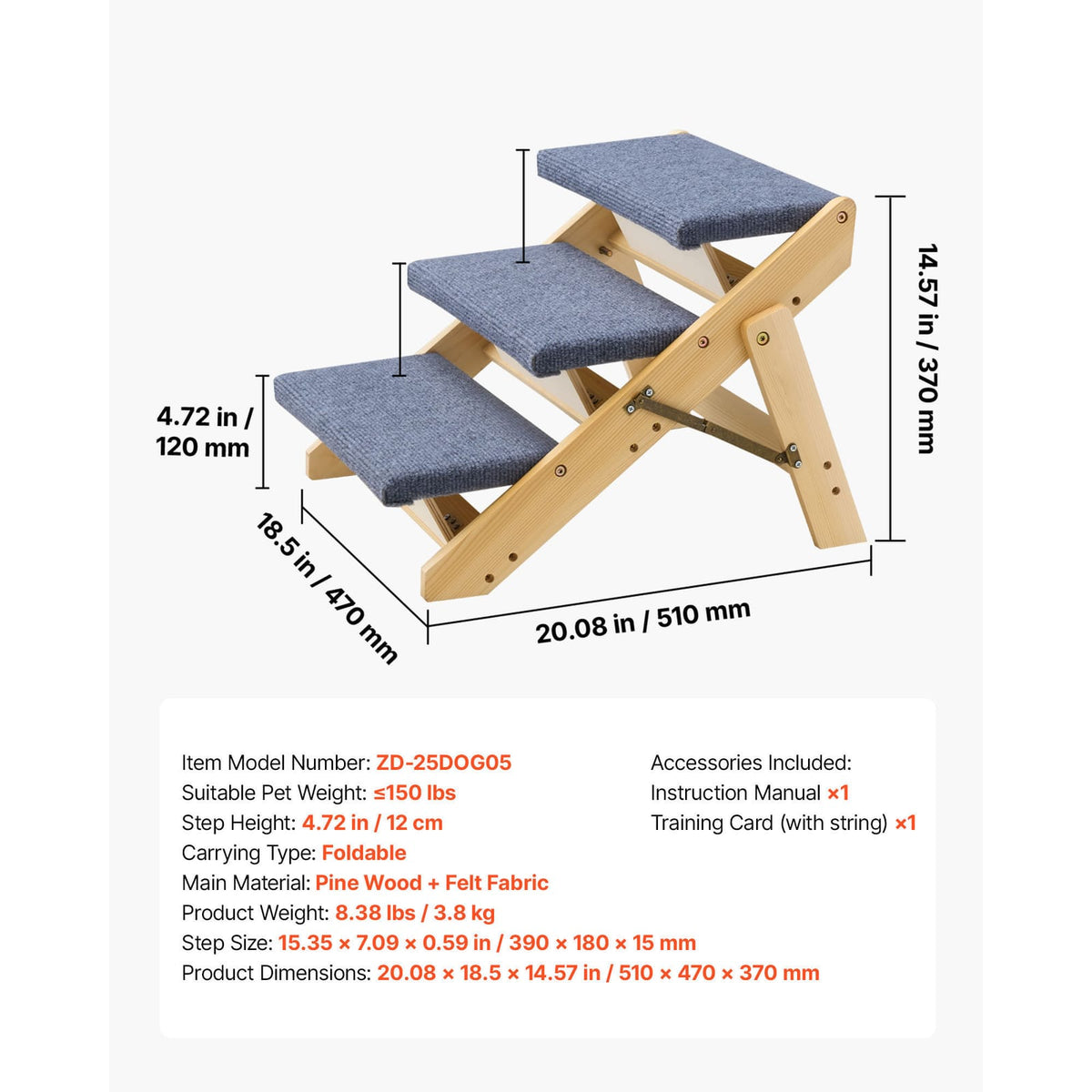Wood Pet Stairs - 3 Step Dog Steps, Foldable & Stable