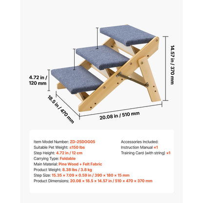 Wood Pet Stairs - 3 Step Dog Steps, Foldable & Stable