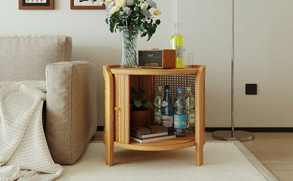 Antique Brown Round Coffee Table with Rattan & Storage for Living Room