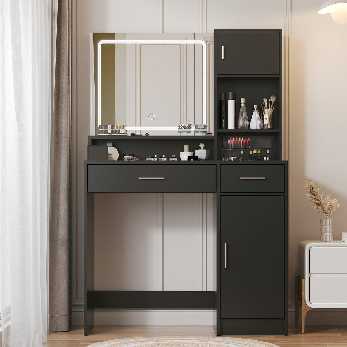 Black Makeup Vanity Table with Mirror & LED Light for Bedroom
