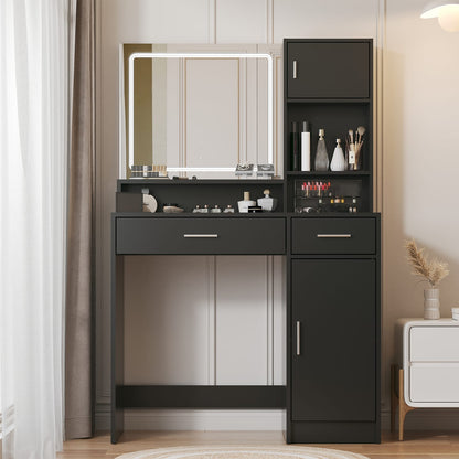 Black Makeup Vanity Table with Mirror & LED Light for Bedroom