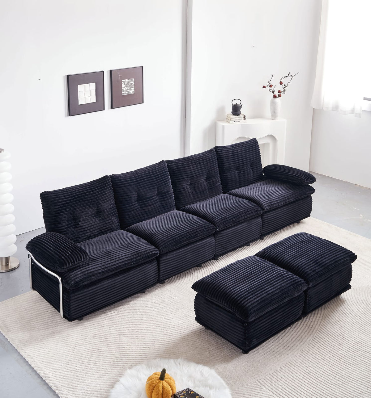Black Corduroy Sectional Sofa - 4 Seat with Ottomans