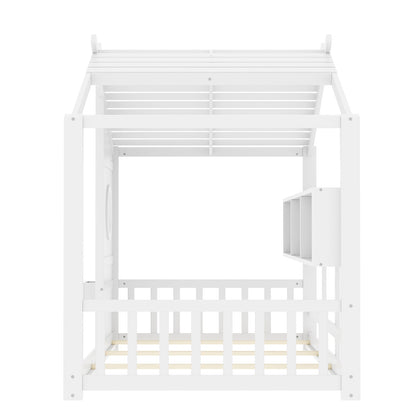 Twin Size Wooden Play House Bed with Storage Shelf for Bedroom