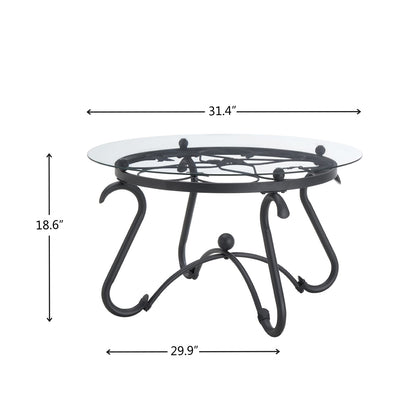 Black Tempered Glass Coffee Table Set - 2 Piece Round Side Table for Living Room