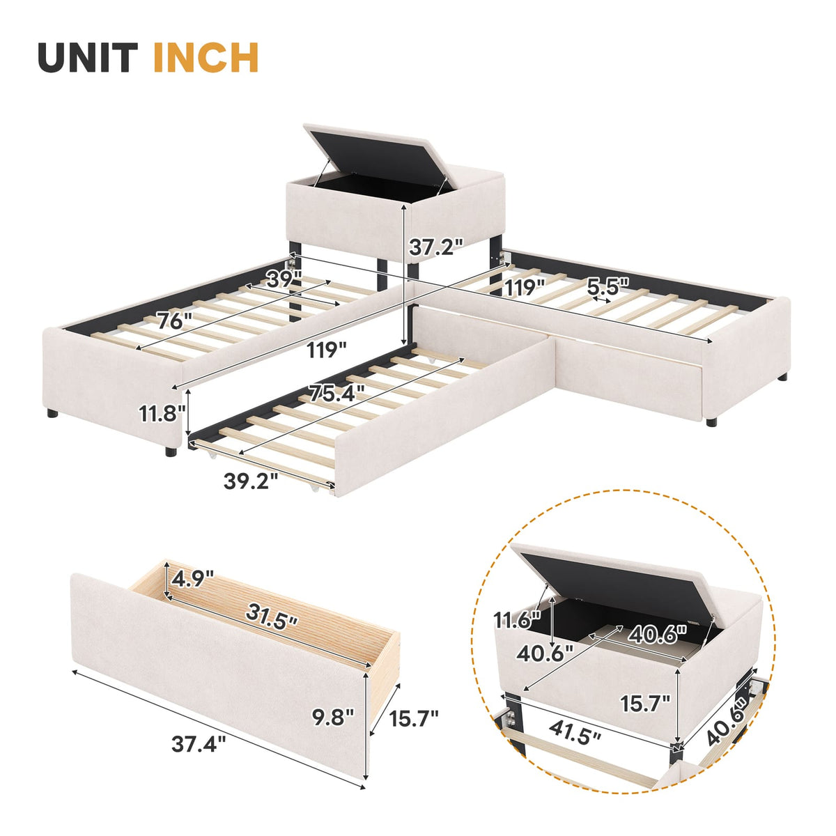 L-Shaped Platform Bed with Trundle - Twin Beige for Bedroom