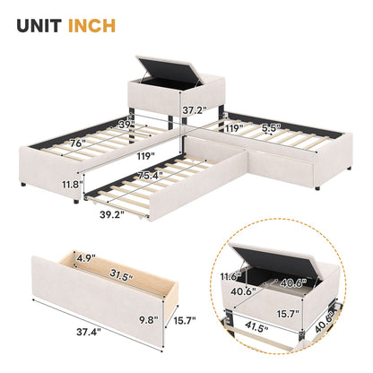 L-Shaped Platform Bed with Trundle - Twin Beige for Bedroom