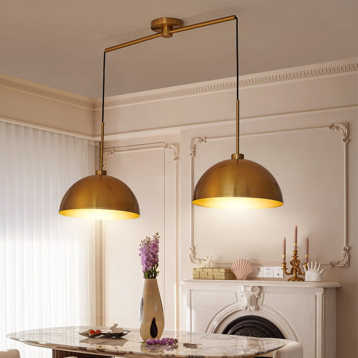 Coppery Iron Double Pendant Light - 41 Inch Dining Room Lighting