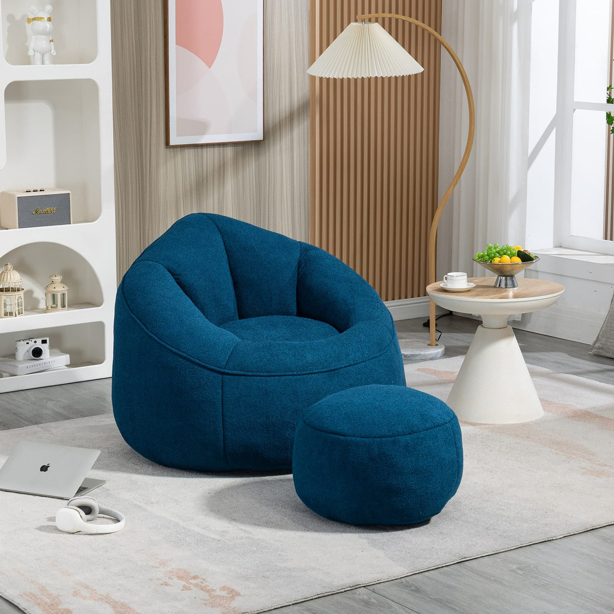 Blue Microfiber Bean Bag Chair - Soft Foam Comfort for Living Room