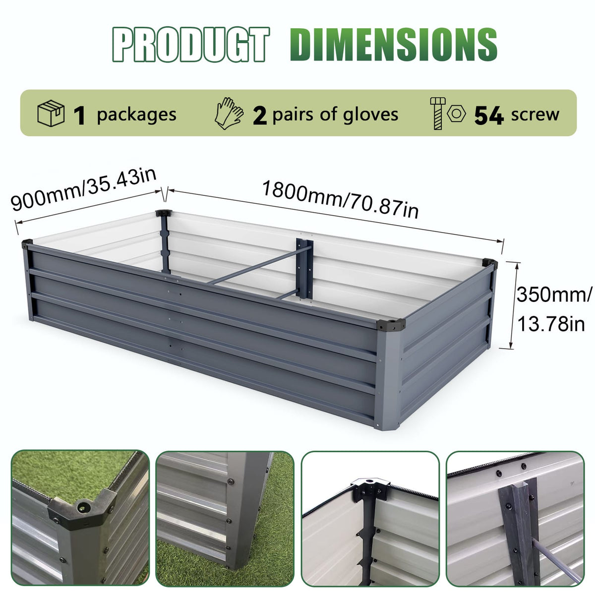 Grey Metal Garden Bed - 70.9 x 35.5 Inches