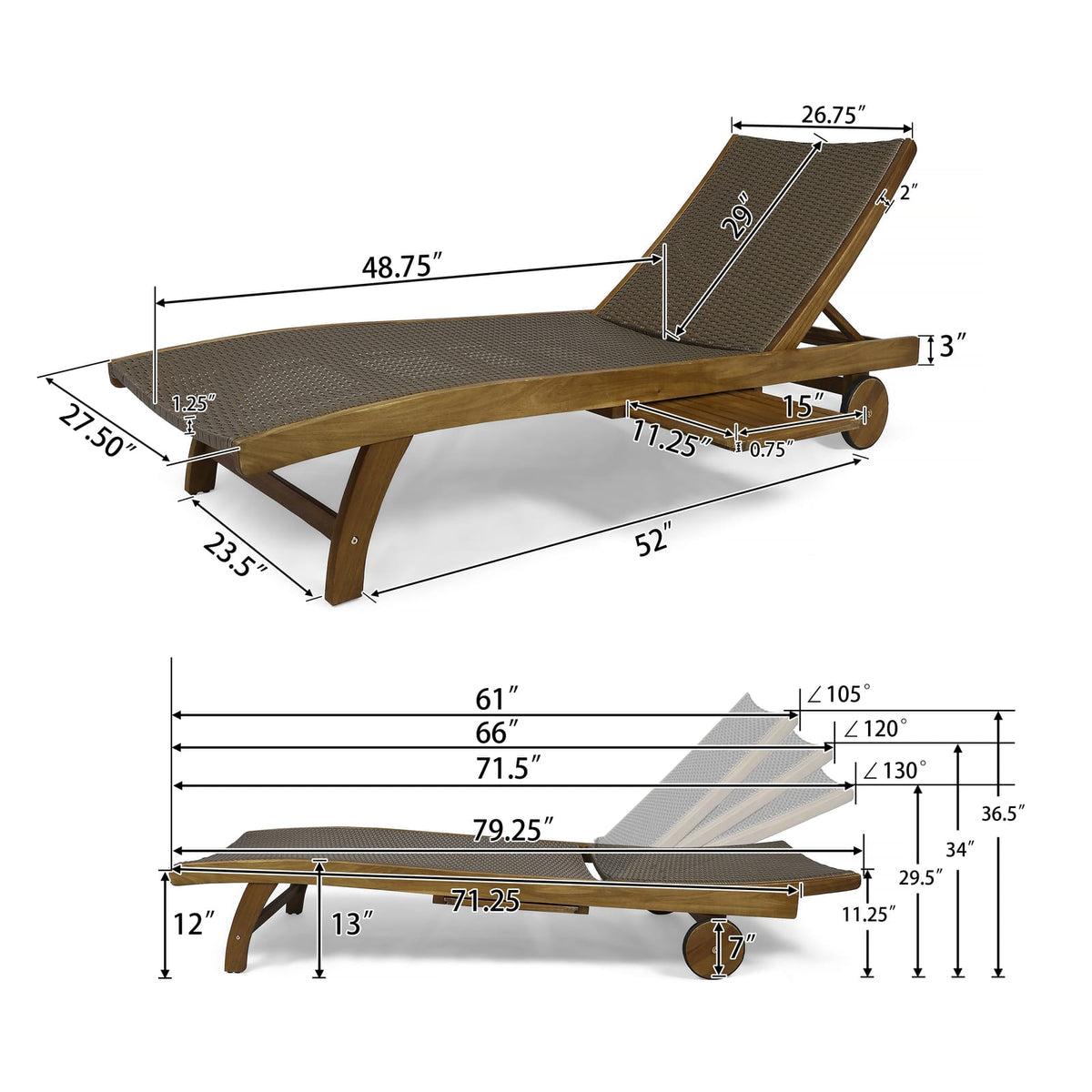Brown Acacia Wood Chaise Lounge Set - 2 Piece Outdoor Patio Seating