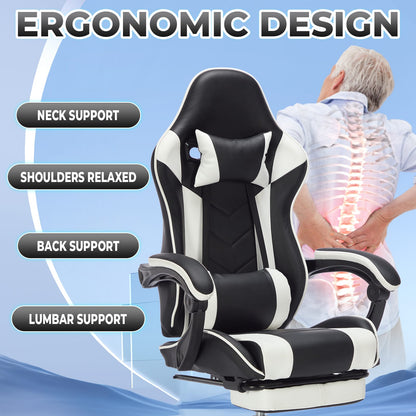 Ergonomic Leather Gaming Chair with Footrest - Black White