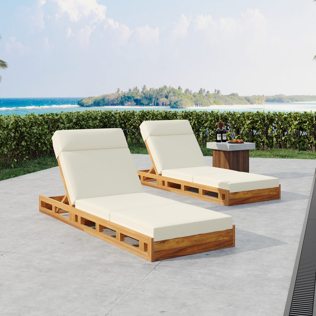 Beige Acacia Wood Chaise Lounge Set with Cushions