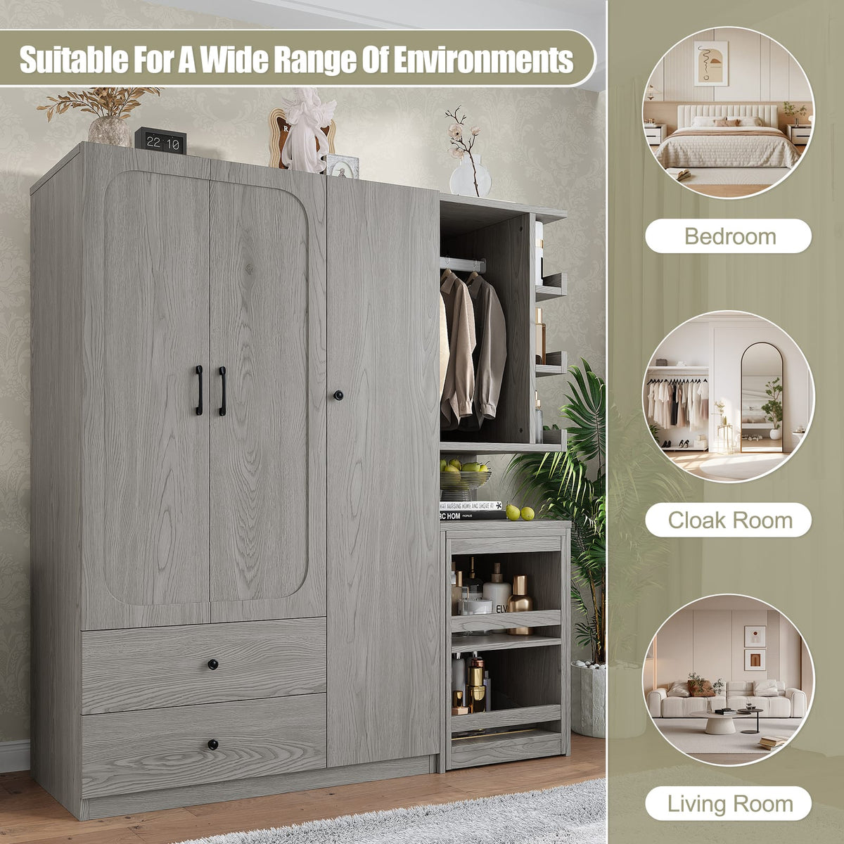 Gray Convertible Wardrobe with Foldable Desk - Bedroom Storage