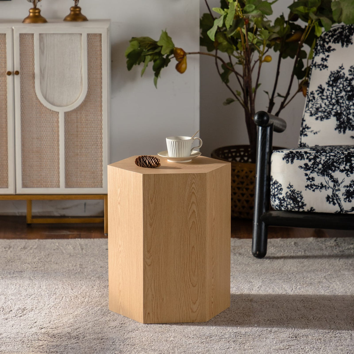 Natural Wood Hexagon Coffee Table - Small Bedroom End Table for Living Room