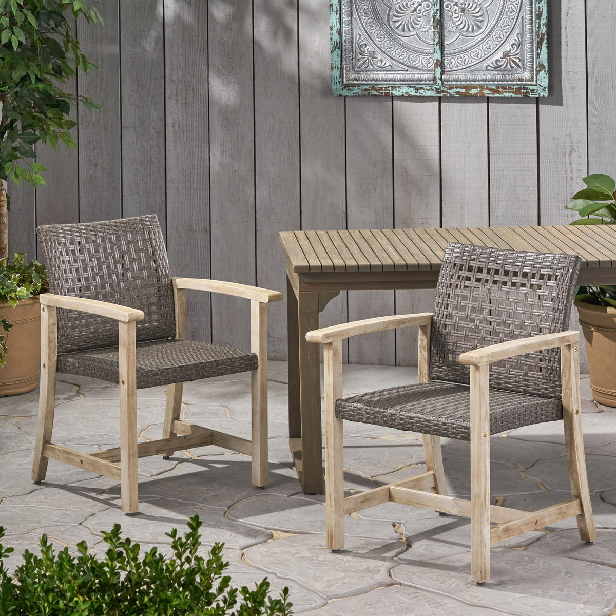Hampton Wood & Wicker Dining Chairs (Set of 2) - Black + Grey