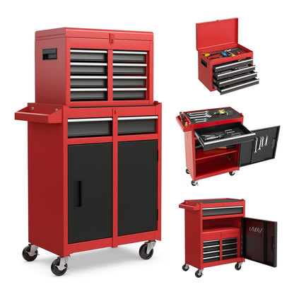 Red Steel Rolling Tool Chest with Detachable Storage Boxes for Garage
