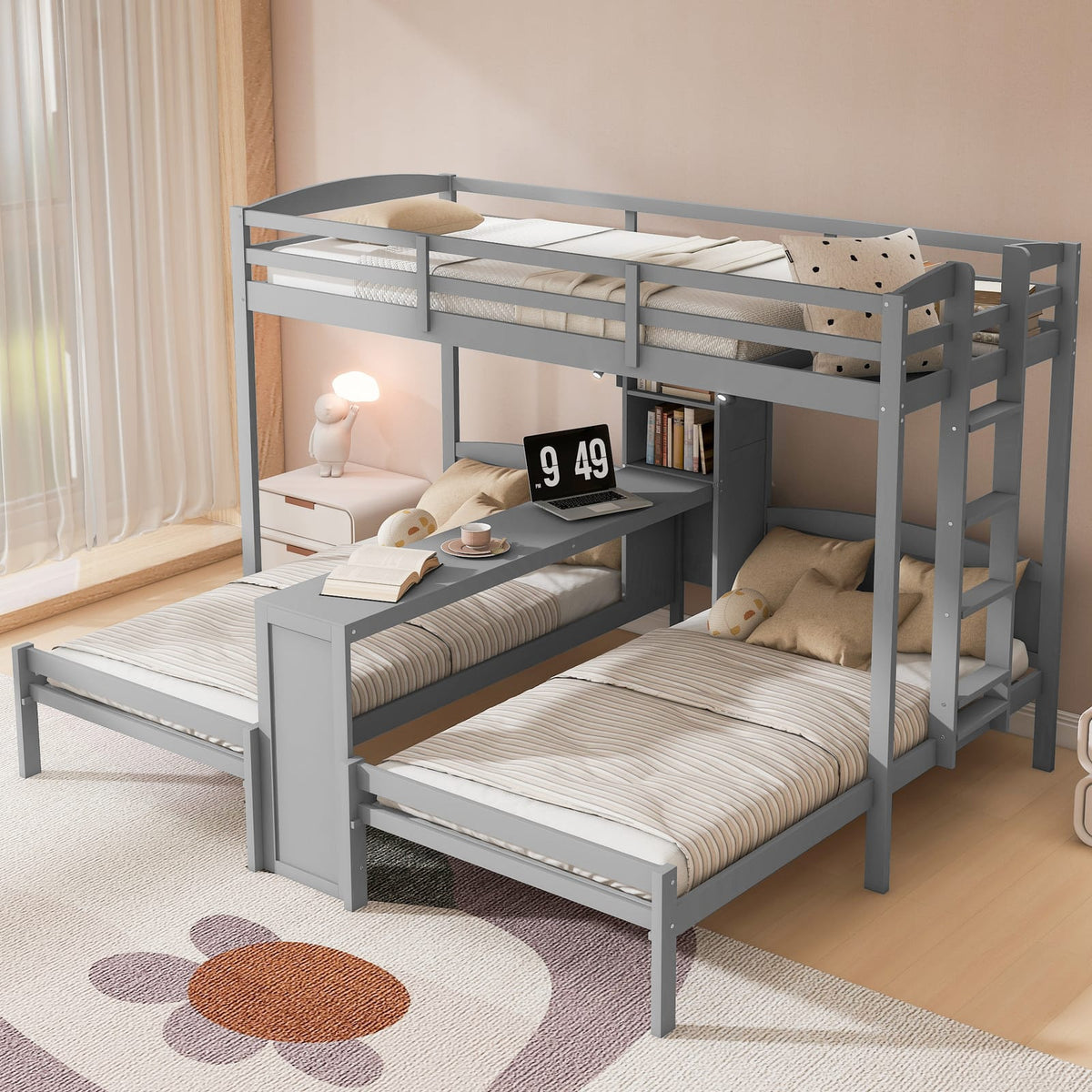 Gray Solid Wood Bunk Bed with Integrated Desk and Storage for Bedroom