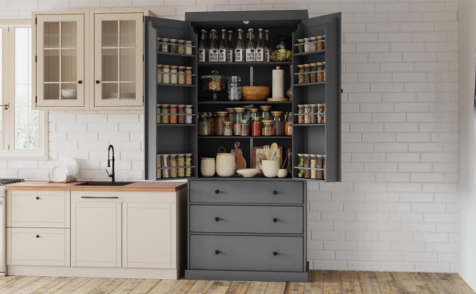 TOPMAX 77" Farmhouse Kitchen Pantry - Gray MDF Storage Cabinet