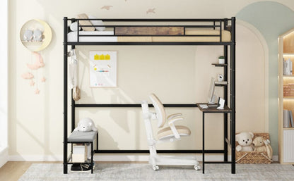 Twin Size Metal Loft Bed Frame with Brown Storage for Bedroom