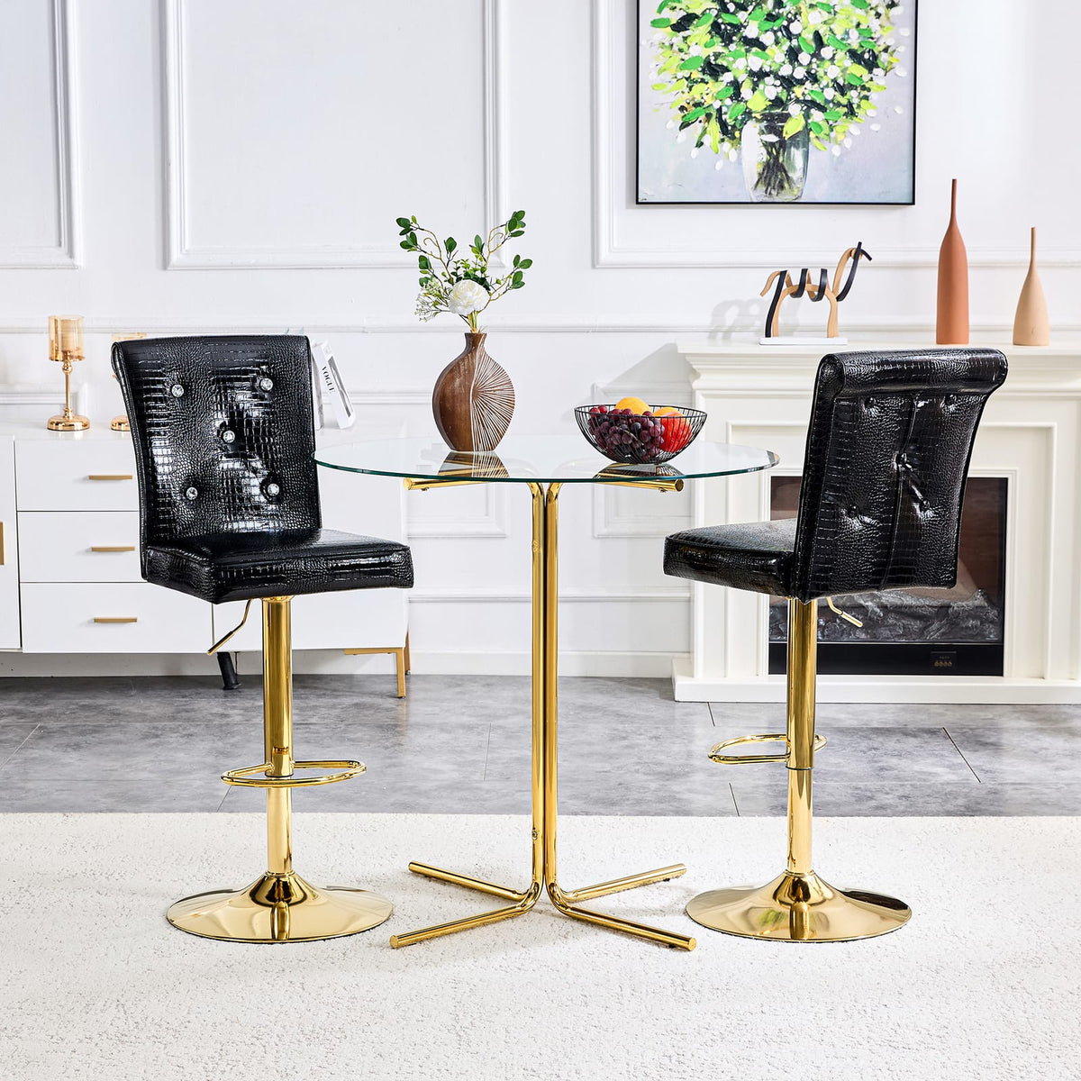 Round Glass Bar Table with 2 Black Stools - Gold Base for Dining Room
