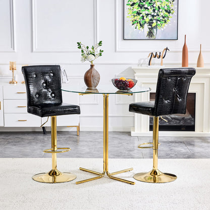 Round Glass Bar Table with 2 Black Stools - Gold Base for Dining Room