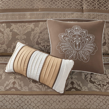 7 Piece Jacquard Queen Comforter Set - Brown & Gold