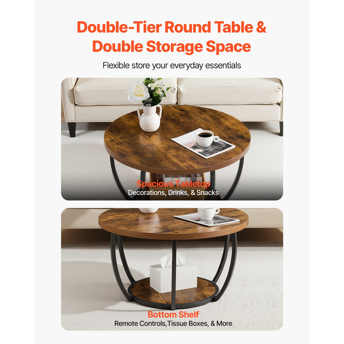 Modern Round Coffee Table - 2 Tier Wooden Center Table with Open Storage - Rustic Brown