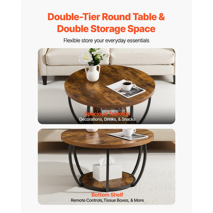 Modern Round Coffee Table - 2 Tier Wooden Center Table with Open Storage - Rustic Brown