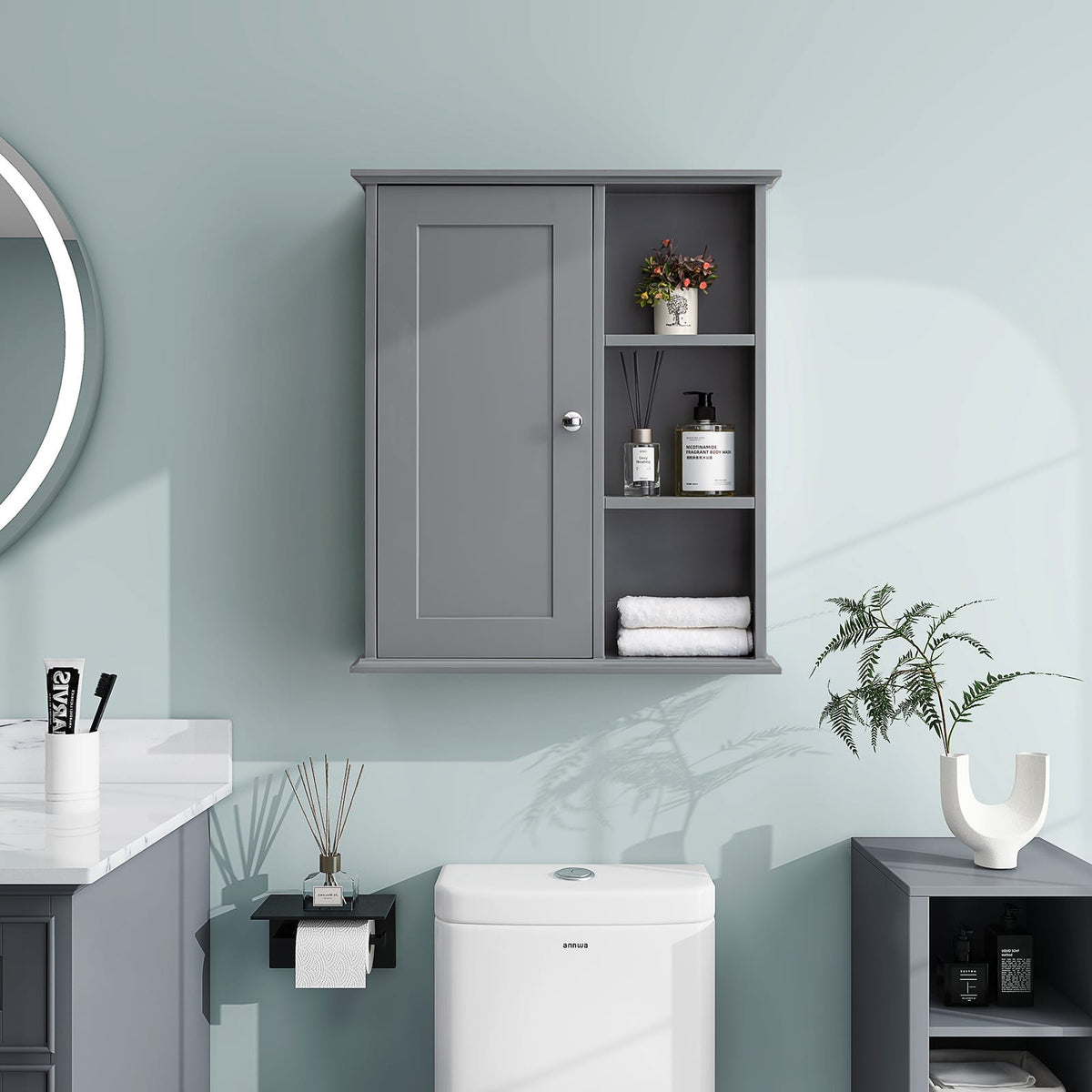 Gray MDF Bathroom Wall Cabinet - Over Toilet Storage