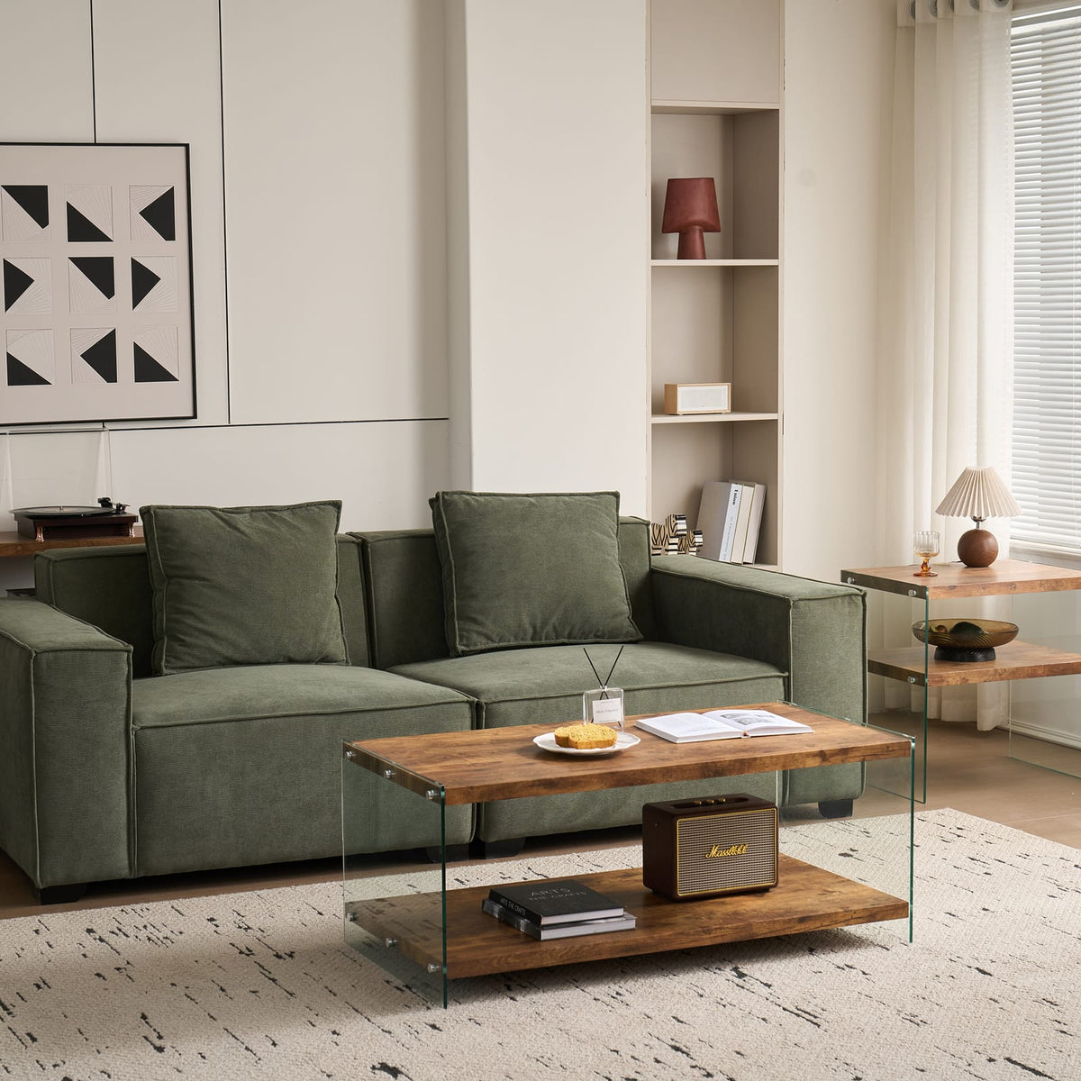 Walnut Glass Coffee Table - Small Sofa Table, Multi-Purpose Design