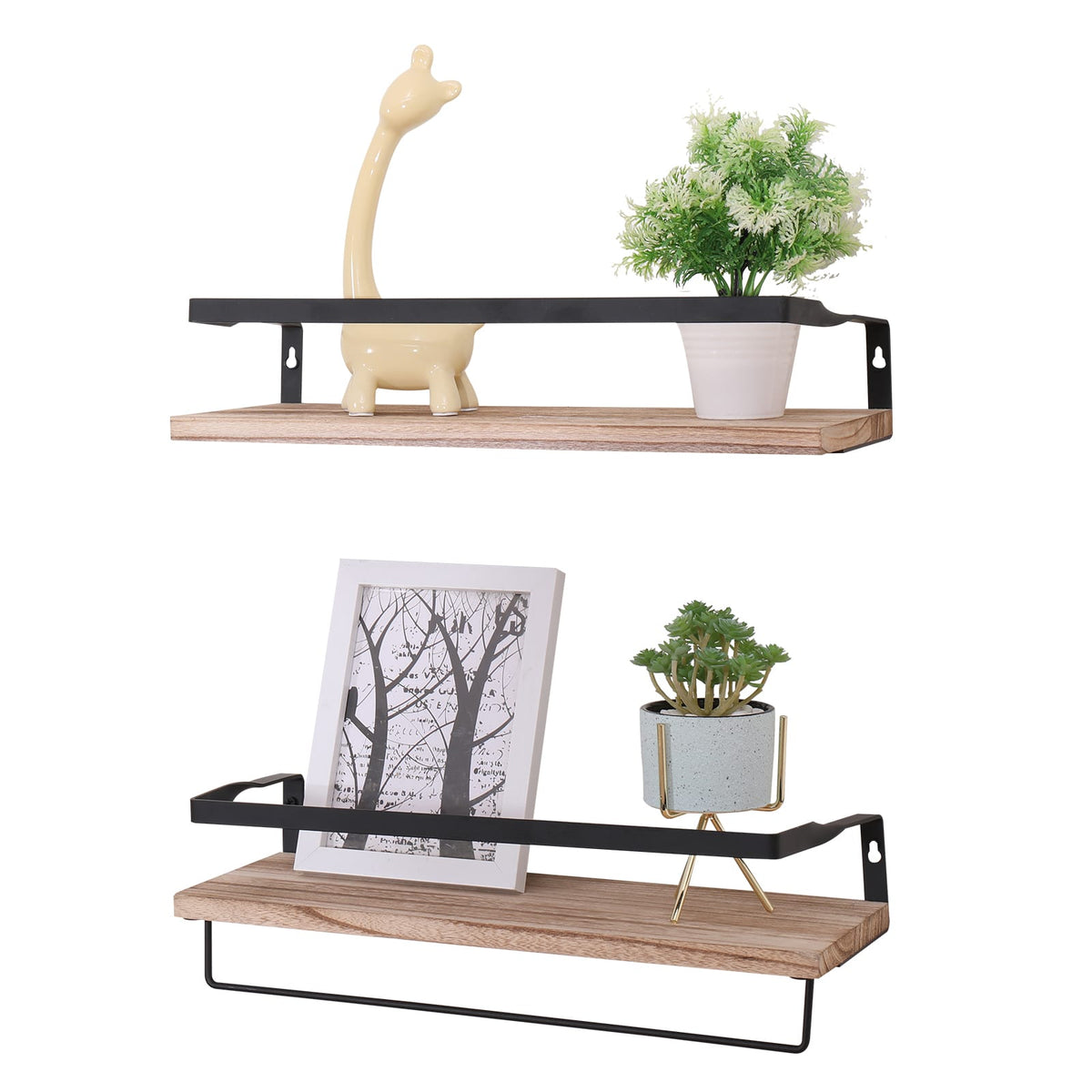Natural Wood Floating Shelves - Set of 2 for Living Room