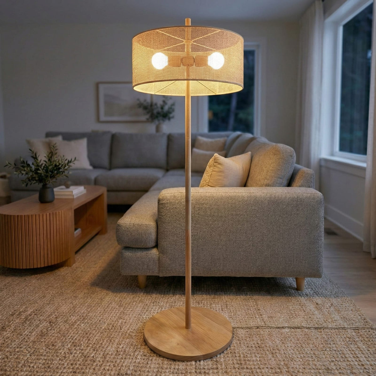 Brown Wood Floor Lamp - Drum Shade Table Lamp for Bedroom Living Room