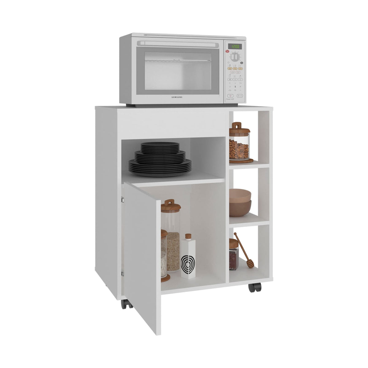 White Engineered Wood Kitchen Storage Cart with Rolling Casters