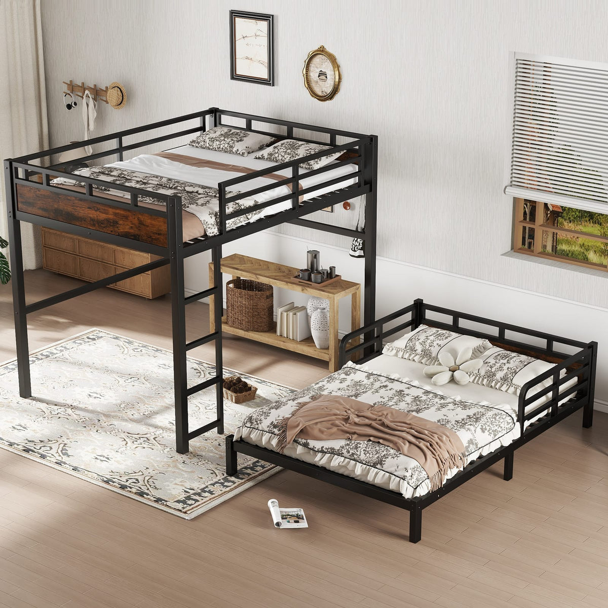 Full over Full Metal Bunk Bed - Black+Vintage for Bedroom