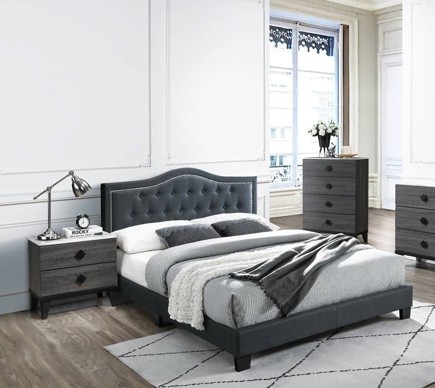 Queen Burlap Charcoal European Bed Frame with Tufted Headboard for Bedroom